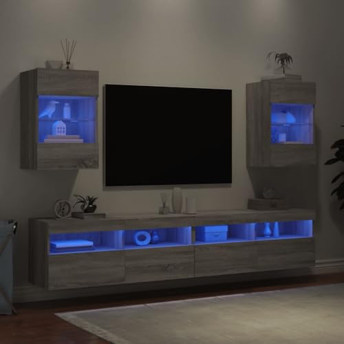 Homgoday TV-Wandschränke mit LED-Leuchten 2 STK. Schrankwand Fernsehschrank mit viel Stauraum, Anbauwand Wandmontage TV Möbel für Wohnzimmer Schlafzimmer Grau Sonoma – Bild 4