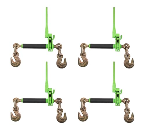 Image of Mytee Products 4 Pack 3 /8 inch-1 /2 inch Hi-Viz Green Heavy Duty Folding Handle Ratchet Load Binder w /Grab Hook 12,000 lbs WLL | Tie Down Hauling Chain Binders for Flatbed Truck Trailer
