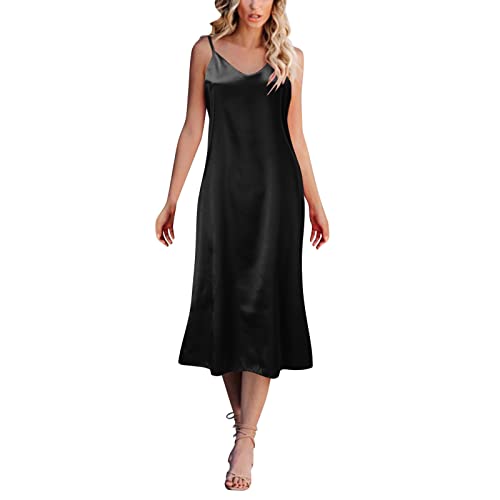 Womens Satin Long Nightgown Sexy Silk Chemise Nightie V Neck Slip Nightwear Elegant Evening Dress Loose Home Nightdress Fashion Solid Sleeveless Strap Dresses for Wedding Cocktail Party Date Night