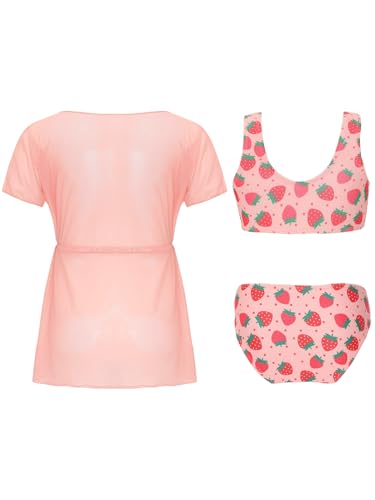 Kids Girls 3-Piece Spaghetti Straps Swim Tops and Bottom Bikini Swimsuit Mesh Belted Coverups Kimono Set2