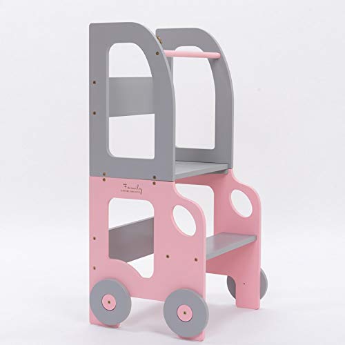 Learning Tower Niños I Torre de aprendizaje a mesa y silla convertible I Montessori Utensilio de cocina de madera ecológica (rosa/gris)