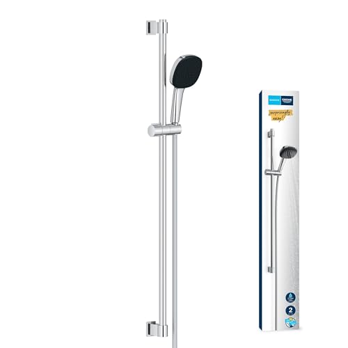 GROHE Vitalio 110, Duschset wassersparend, 8l pro Min (Brausestangenset mit: Duschkopf 2 Strahlarten, 1,75m Schlauch, Duschstange 90cm, zum Kleben oder Bohren, ohne Kleber), eckig, chrom, 26930001
