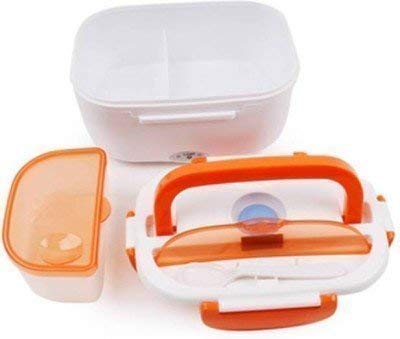 Image of Portable Electric Food Warmer Lunch Box in White and Orange with compartments and Heating Indicators for Convenient hot Meals on the go.