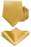 TIE G Solid Satin Woven dyed Color Formal Black Necktie and Pocket Square Sets in Gift Box (Gold)