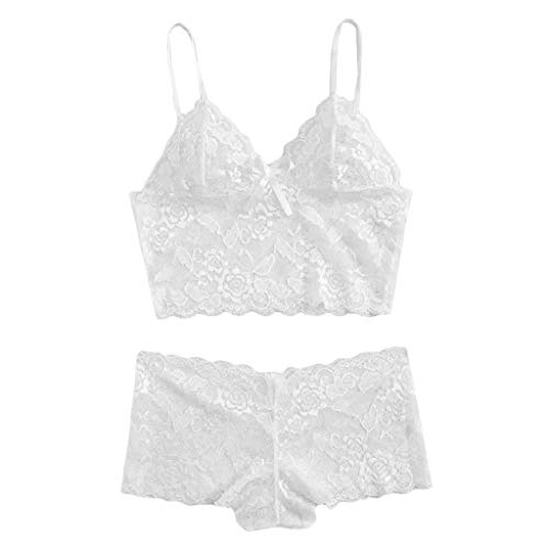 Conjunto de pijama de encaje para mujer, 2 piezas, con correa de espagueti, sin mangas, con parte superior y pantalones cortos, conjunto de pijama, blanco, XXL