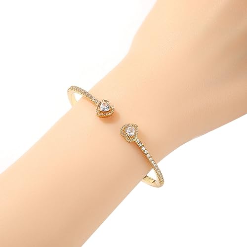 Womens Cute Love Heart Open Cuff Bangle Bracelet 18K Gold Silver Plated Cubic Zirconia Bangle Bracelet, Heart Cuff Bracelet Hip Hop Jewelry Gift for Women 6