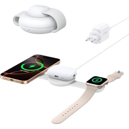 Anker MagGo 3-in-1 Wireless Charging Station (with EU/US/UK Plug), MagSafe Compatible Qi2 Certified 15W Charger, Foldable Travel Charging Pad for iPhone 17/16, AirPods, Apple Watch (No Power