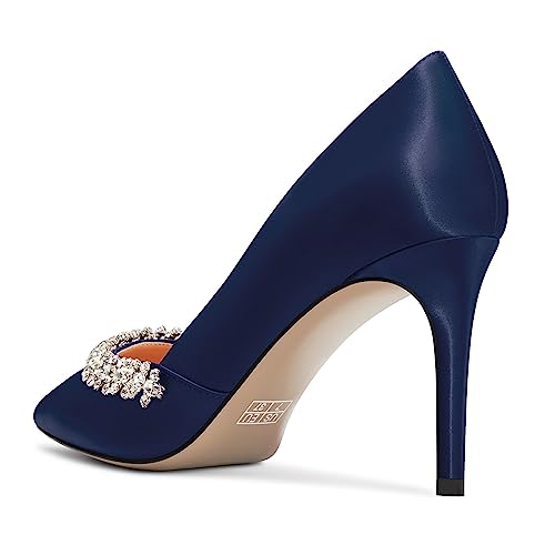 DearOnly Womens Mid Stiletto Heel Close Pointed Toe Slip-on Pumps Glitter Rhinestone Crystal Wedding Prom Shoes 3.2 Inches Heels3