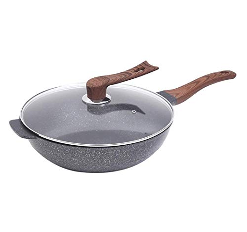 SMSOM Wok de acero al carbono, sartén plano de la parte inferior de Stir Fry, sin humo de aluminio fundido con tapa, para estufa eléctrica, cocina de inducción y estufa de gas (12.5 pulgadas)