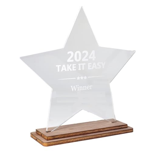 Pila Stone Award Trofeo de estrella de cristal acrílico con base de madera, grabado con texto y logotipo, moderno y representativo (estrella 3 mm, 200 mm)