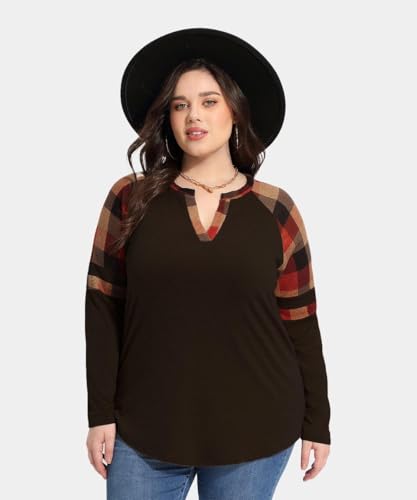 TIYOMI Plus Size Shirt for Women Long Sleeve Tops Round Neck Raglan Color Block Tee XL-5XL2