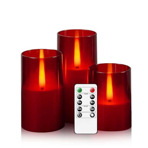 Image of Flameless LED Candles, Upgraded Realistic Flickering Flame Pillar Battery Operated Candles with Remote Timer, Acrylic Electric Set of 3 for Home Decoration and Holiday Celebrations（Red）