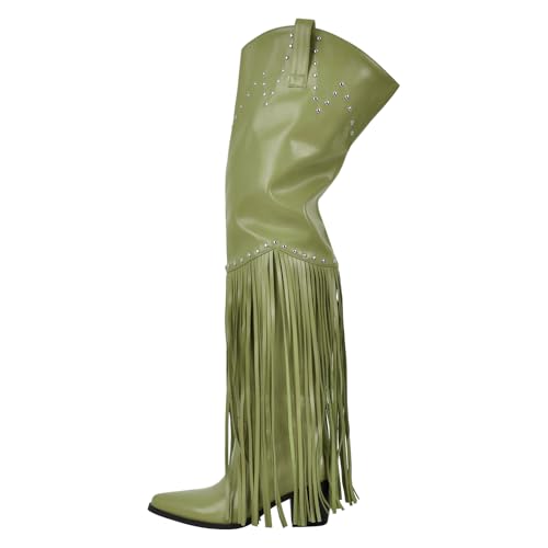 Image of richealnini Western Thigh High Cowboy Boots with Fringe Over Knee Wide Calf Cowgirl Boots
