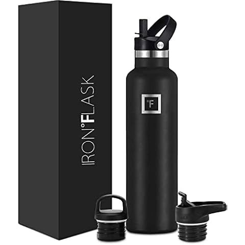IRON °FLASK Sports Water Bottle - 710 ml, 3 Lids (Straw Lid), Vacuum Insulated Stainless Steel, Hot Cold, Double Walled, Thermo Mug, Standard Metal Canteen (Midnight Black) Cover