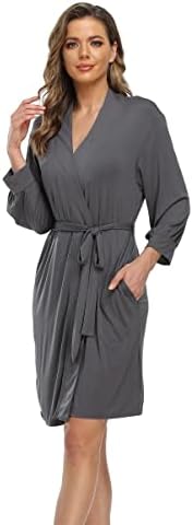 Goodsaleok Womens Robes Lightweight Knit Bathrobe Sleepwear Short Kimono Robes Soft V-neck Ladies Loungewear Grey-M