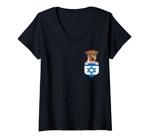 Womens Israel Flag Russell Terrier Dog In Pocket V-Neck T-Shirt, Black