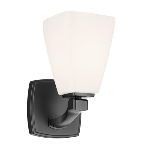 Image of Kichler Marant 5 inch 1-Light Wall Sconce Bathroom Vanity Light Fixture with Opal Glass in Black for Bathroom, Powder Room, Hallway, Fireplace (5 inch W x 9.5 inch H), 55214BK