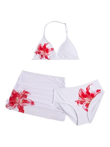 Image of RoseSeek Girl's 3 Piece Cute Bowknot Bathing Suit Halter Triangle High Waisted Swimsuit with Beach Cover Up Skirt