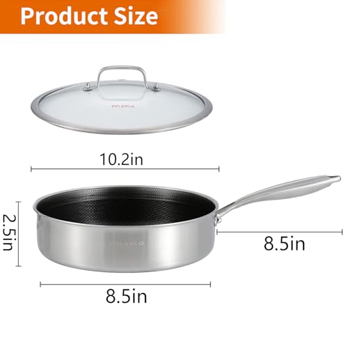 DELARLO 3 Ply Hybrid Stainless Steel 10" Saute Pan, 3 Quart, Anti-Scratch, Fast Heating Induction Safe (Removable Handle)