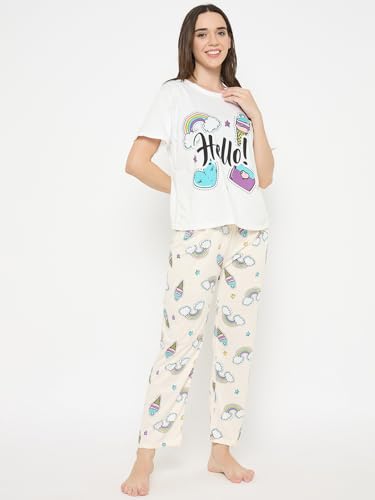 Image of CAMEY Women's Printed Pyjama Set, Short Sleeve T-Shirt and Trousers, Women Nightsuit, Loungewear Sets