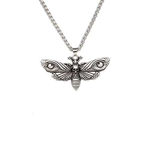 SanLan Death Head Moth Pendant Necklace Wicca Jewelry Goth Moth And The Moon (7-silver)