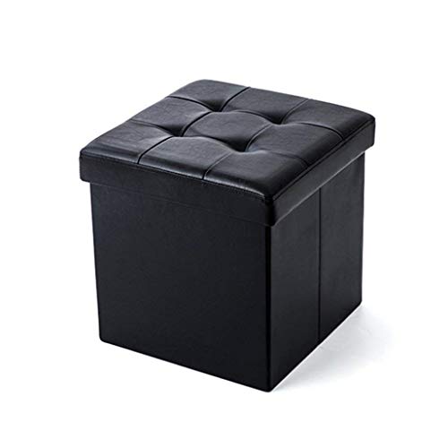 Taburete plegable con tapa y reposapiés tapizado de piel sintética con cojín para pasillo, sala de estar, máx. 150 kg, 38 x 38 x 38 cm, color negro