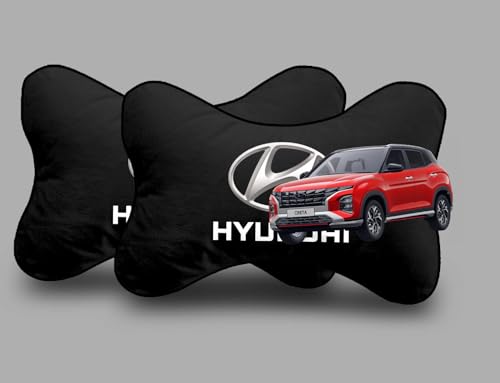 Image of Car Company Logo Neck Headrest Pillow Compatible with All Hyundai Model Pain Relief, Cervical Neck Support Pillow, 22 x 16 cm, 2 Pieces, Black