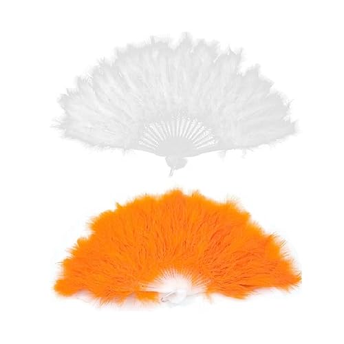 KitMall 2色セット ふわふわ 羽扇子 ジュリアナ扇子 ジュリ扇 ゴージャス セクシー コスプレ 仮装 衣装 ディスコ ボディコン お立ち台 バブル 結婚式 (白-オレンジ)