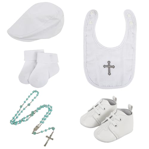 5 Pcs Baptism Bib for Baby Boys Cross Christening Socks Shoes Hat First Rosary White Outfits Toddler Infant First Communion Baptism Gift for Boys Girls Cross Bib Christening Shoes and Socks