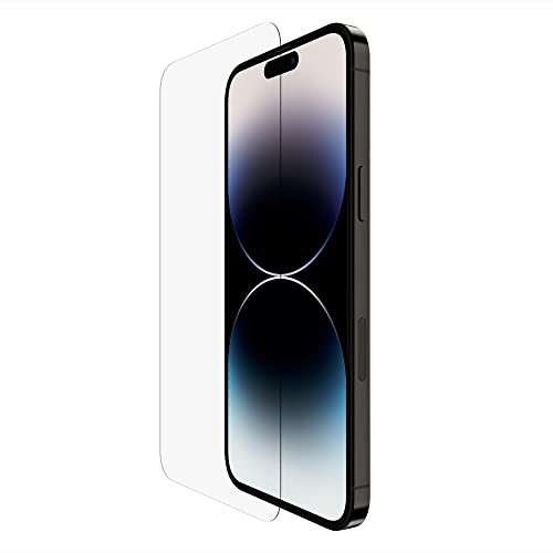Belkin protector de pantalla TemperedGlass para iPhone 14 Pro Max, tratado con un agente antimicrobiano, aplicación sin burbujas con la bandeja guía de instalación, grado 9 H de resistencia