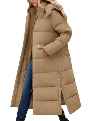 Jyanl Women Long Puffer Coat Thickened Quilted Jacket Winter Warm Parka Jacket Heavyweight Outwear Coat Full Zip Padded Jackets with Removable Hood Side Slits