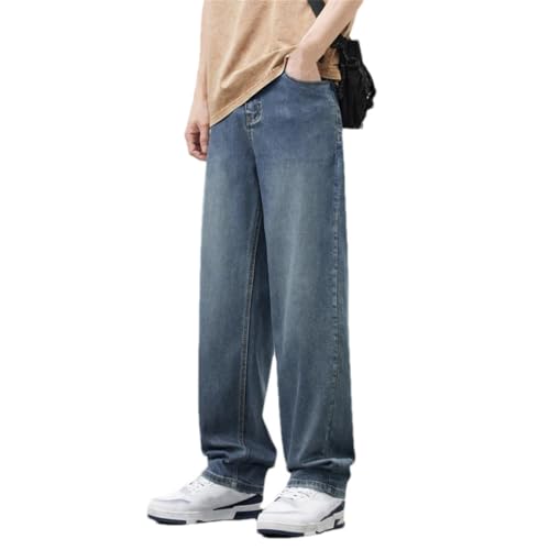 Men's Summer Thin Jeans Loose Fit Wide Leg Straight Cut Casual Denim Trousers Retro Style