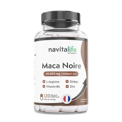 Maca Noir 40 000 mg Extrait 25:1 + Ginkgo Biloba, Zinc, L-Arginine et Vitamine B6. Boostez votre,Energie et Votre Agilité Mentale | Améliorez vos Moments les Plus Personnels. 120 Gélules