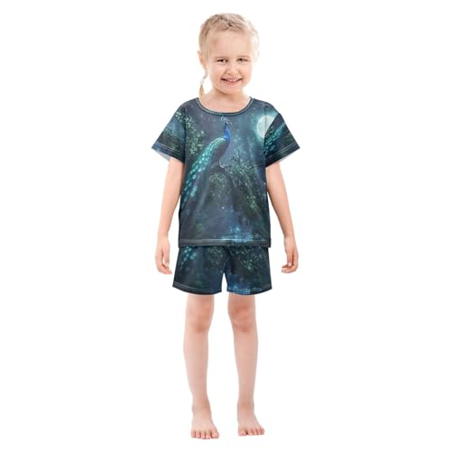 ALAZA Blue Green Peacock Moon Pajamas Set Short Sleeve Cotton Sleepwear Summer Pjs 2 Piece 5-14Y3