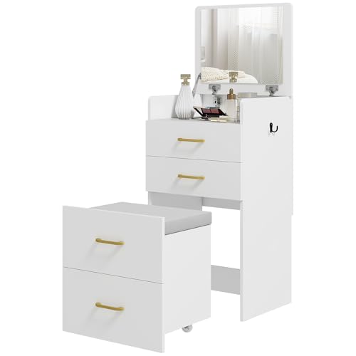 HOMCOM Table de maquillage 3 en 1 avec tabouret pivotant, table de cosmétiques avec miroir rabattable, coiffeuse avec 3 tiroirs, meuble de coiffure pour la...