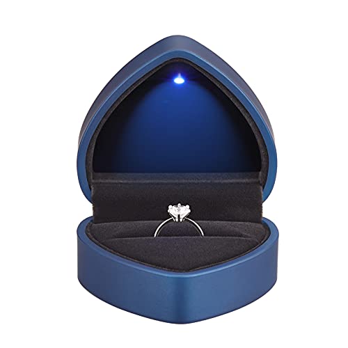 LETURE Heart Shaped Ring Gift Box with LED Light, Velvet Earrings Jewelry Case with Light, Jewellry Display Box for Wedding, Engagement, Proposal, Birthday and Anniversary (Blue)