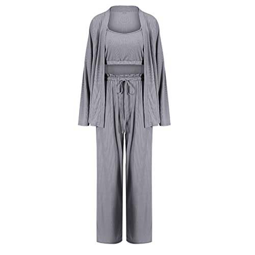 Yuhaotin Cowl Neck Womens Vacation Outfits Ladies' Spring And Summer Pajamas Vest Three Piece Ice Strip Trousers Nightgown Fashion Workout Leggings For Women Tummy Control Pockets #TOP22
