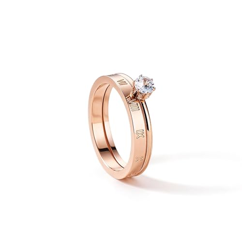 ACICIYA Elegant Rose Gold Roman Numeral Ring Set Stainless Steel Wedding Bands with Cubic Zirconia Size 6-7 2-Piece Solitaire Design for Daily Wear with a Beautiful Gift Box