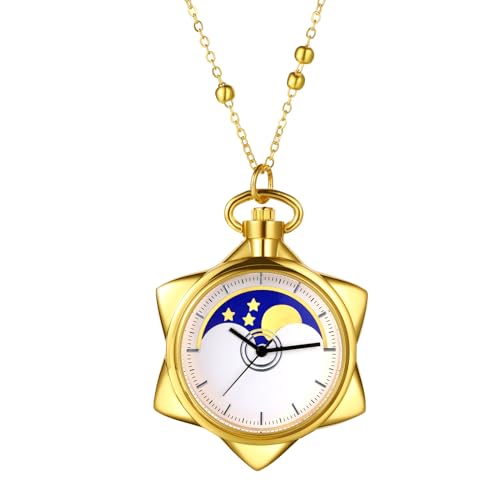 JewelryWe Hexagram Quartz Pocket Watch: Women Gold Cute Sailor Moon Star Hanging Quartz Analog Watches with Chain Necklace Cosplay Accessories Daughter