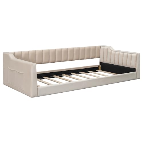 Bellemave Twin XL Upholstered Daybed with Side Storage Pocket, Floor Corner Bed, Upholstered Bedframe for Kids,Teens,Adults, Beige (Velvet) by Bellemave - Used condition - Image 8