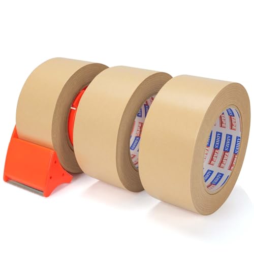 Image of ADHES Coated Kraft Packing Tape with Dispenser, 2 Inch x 55 Yards | Heavy Duty Water Resistant Kraft Paper Tape for Shipping, Moving, Packaging & Carton Sealing, 3 Rolls