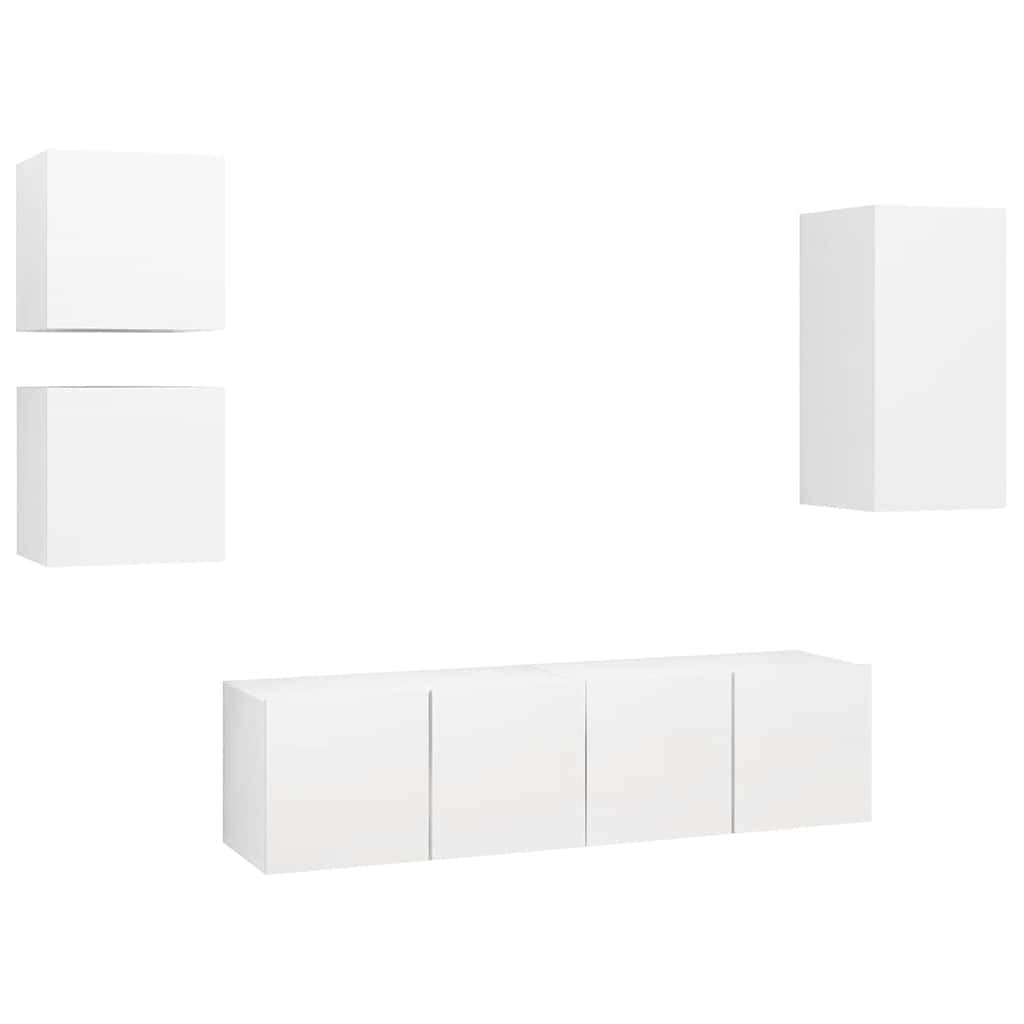 5-TLG. TV-Schrank-Set, Weiß Holzwerkstoff, Hängend, Modernes Media-Center für Wohnzimmer, Schlafzimmer, Viel Stauraum