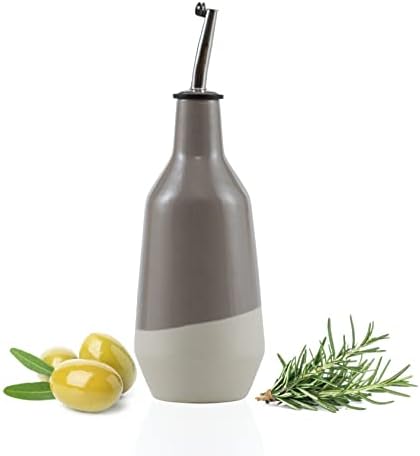 KAKI ceramic olive oil dispenser, Modern design oil/vinegar/syrup/sauce bottle for kitchen, pancake batter dispenser, honey dispenser, natural clay Large Capacity 16.9 ounce (Grey)