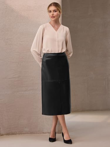 Women's Faux Leather Skirt PU High Waist Business Casual Knee Length Skirts2