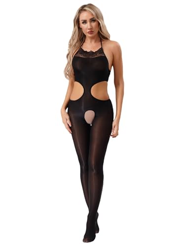 MSemis Damen Bodysuit mit Glänzendem Transparentem Jumpsuit Lang Ärmellos Durchsichtig Ganzkörper Open Crotch Neckholder Full Body Stockings Schwarz Einheitsgröße