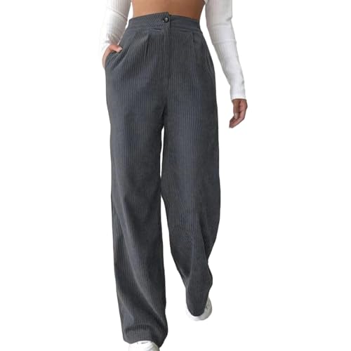Pantalones de Pana Mujer Pierna Recta Pantalones Largos Invierno Cintura Alta Pantalon Mujer Pierna Ancha Elegantes Vintage Y2K Pantalón Pana Casuales Elásticos Otoño Color Sólido (Gris Oscuro,XXL)