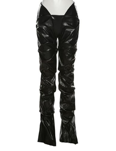 Women's Stacked Faux Leather Pants, Low Waist Ruched Metallic Trouser3
