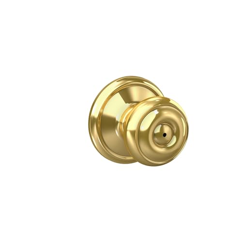 Image of Schlage F40 GEO 605 Georgian Door Knob, Bed & Bath Privacy Lock, Bright Brass
