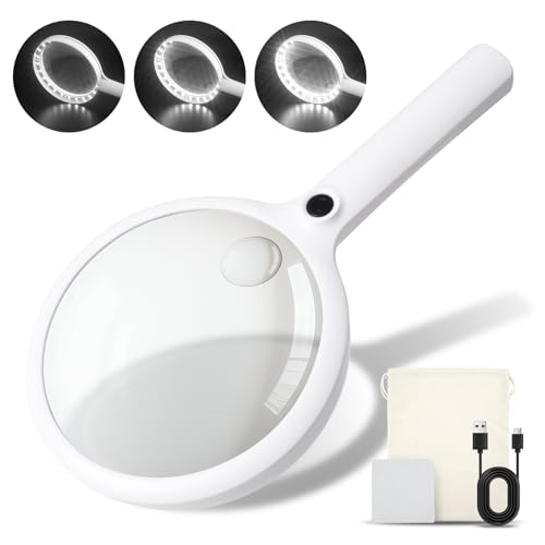 2000mAh Rechargeable Magnifying Glass with Light, 5X/10X Large Handheld Lighted Magnifier, 24 LEDs, 3 Light Modes, Reading Aid for Seniors & Low Vision (White) 2000mAh Rechargeable Magnifying Glass with Light, 5X/10X Large Handheld Lighted Magnifier, 24 LEDs, 3 Light Modes, Reading Aid for Seniors & Low Vision (White)