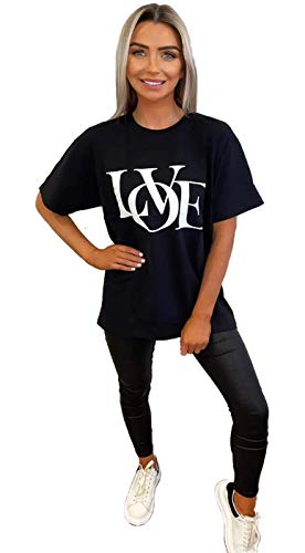 Women's Love Slogan Short Sleeve Oversized Printed Casual Summer Loose Fit Baggy Fashion Ladies T-Shirt Tee Plus Size Tops UK 8-24 (Black, 20, Numeric_20)